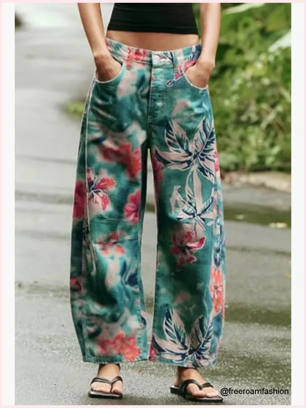 Women Boyfriend Baggy Barrel Jeans Floral Print Denim Ankle Pants Wide Leg Mid - Picture 2 of 7